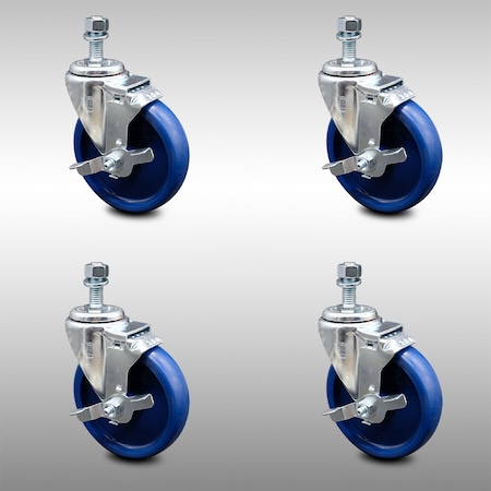 Service Caster 5 Inch SS Solid Polyurethane Swivel 12mm Threaded Stem Caster Set Brake SCC SCC-SSTS20S514-SPUS-TLB-M1215-4